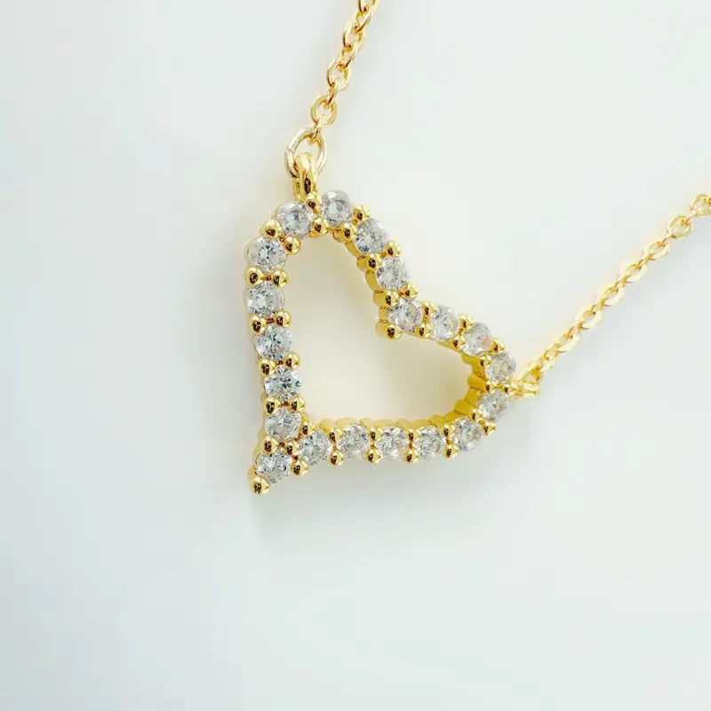 Gold Filled Pave Heart Necklace with 18k Rolo Link Chain 16+2" Extender Open Heart Pendant AAA Cubic Zirconia Everyday Minimal Jewelry Gift