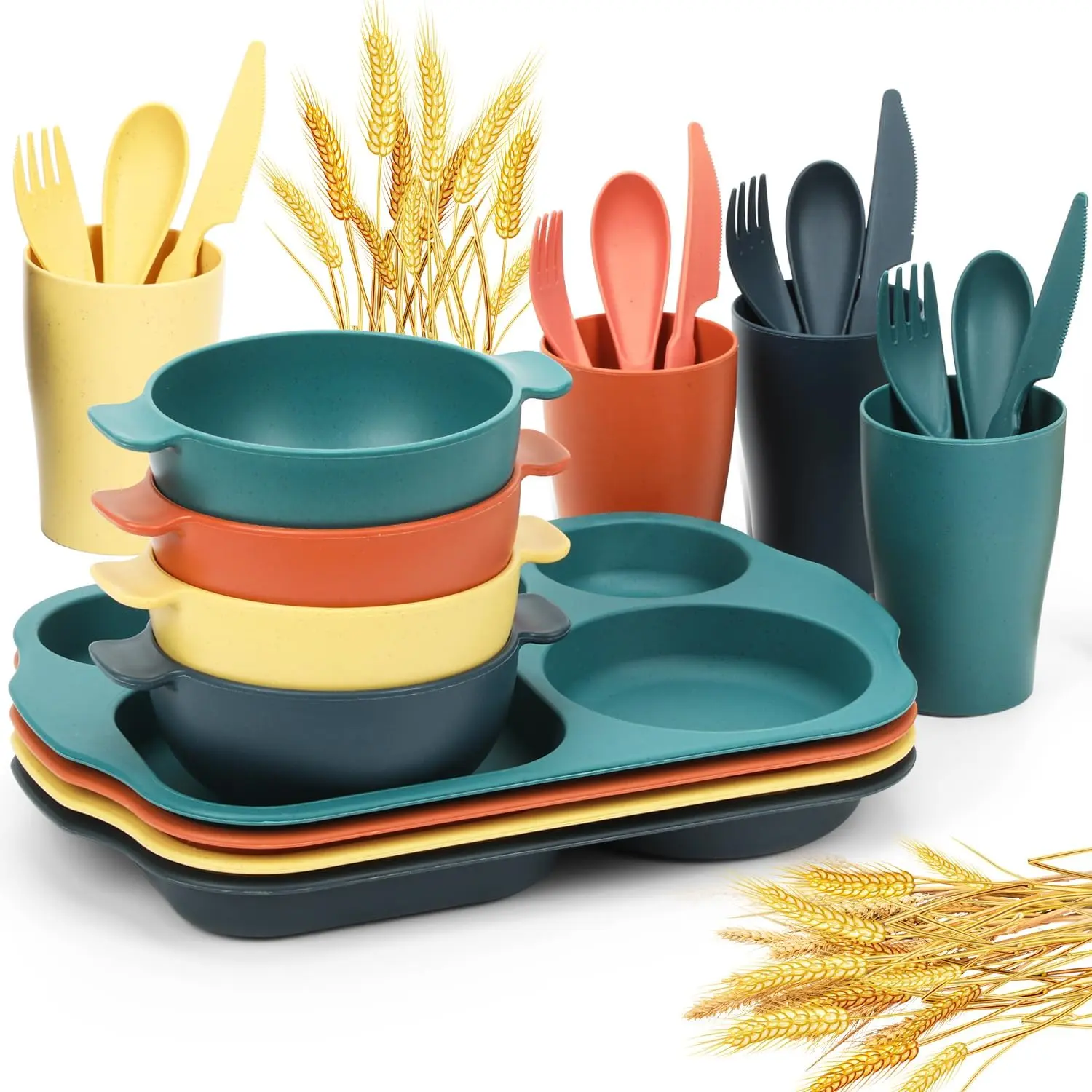 24- Wheat Straw Dinnerware Set for  &  - Unbreakable,  Tableware with Divided Plates, Microwave & Dishwasher Safe -  for Home, School & Picnics