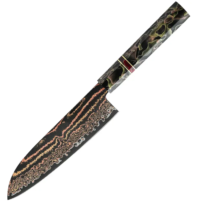 Hand Forged Copper Damascus Santoku Knife Ergonomic Resin Handle with Brass Ring Premium Multipurpose Kitchen Chef Knife Ideal for Home Cooks Gifts