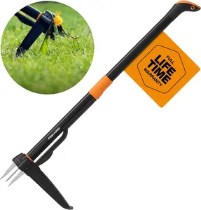 4-Claw Stand Up Weeder - Gardening Hand Weeding Tool with 39" Long Ergonomic Handle - Easy-Eject Mechanism - Black/Orange