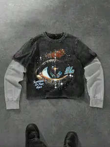 Unisex Autumn Winter New Starry Eye & Cross Print Christ Redeemer Trendy Patchwork Faux Two-Piece T-Shirt, Men's Gift