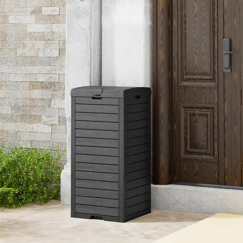 BIFANUO Black Link-Bins 31 Gal Plastic Outdoor Trash Can - Weather-Resistant Resin Bin with Quick Assembly, Removable Rinses Clean Tray & Double Lid, Hideaway for Backyard Patio