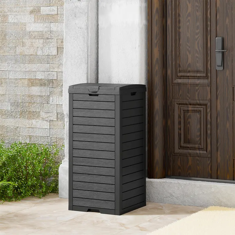 BIFANUO Black Link-Bins 31 Gal Plastic Outdoor Trash Can - Weather-Resistant Resin Bin with Quick Assembly, Removable Rinses Clean Tray & Double Lid, Hideaway for Backyard Patio
