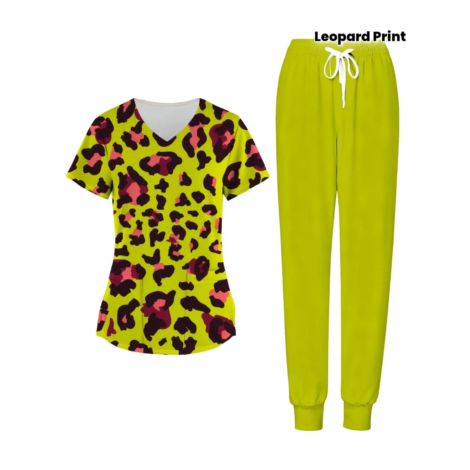 Lime Green Leopard Print Women's Scrubs Set - V Neck Scrub Top and Pants with Pockets, Perfect for Valentine's, Carnival, St. Patrick's Day, Comfortable and Lightweight Stretch Fabric for Work or Leisure