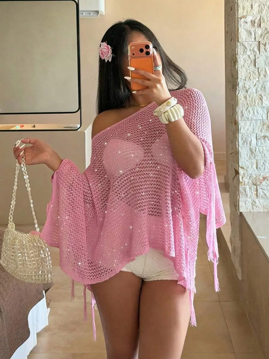 Women's Pink Beach Cover Up Shiny Top, Sequin Sparkle Cover Up, Sexy Sheer Thin Beach Shirt, Summer Party Fashion Tassel Clothing