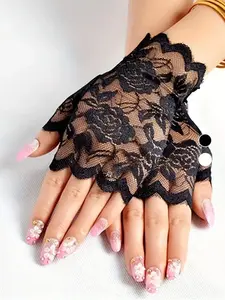 Valentine's Day Proposal Hollow out Floral Lace Textured Fingerless Gloves, Elegant Fashion Gloves for Wedding Party, Casual Elastic Bridal Gloves for Women, Exquisite Jewelry for Birthday Gifts