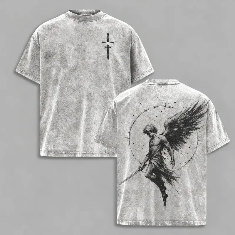Men's Retro Ribbed Seamless Short-Sleeve Heavyweight Round Neck Graphic Top, Fallen Angel Sword Print, Soft Cotton Fabric, Casual Wear, Unisex Fit, S-5XL (Menswear Collection)