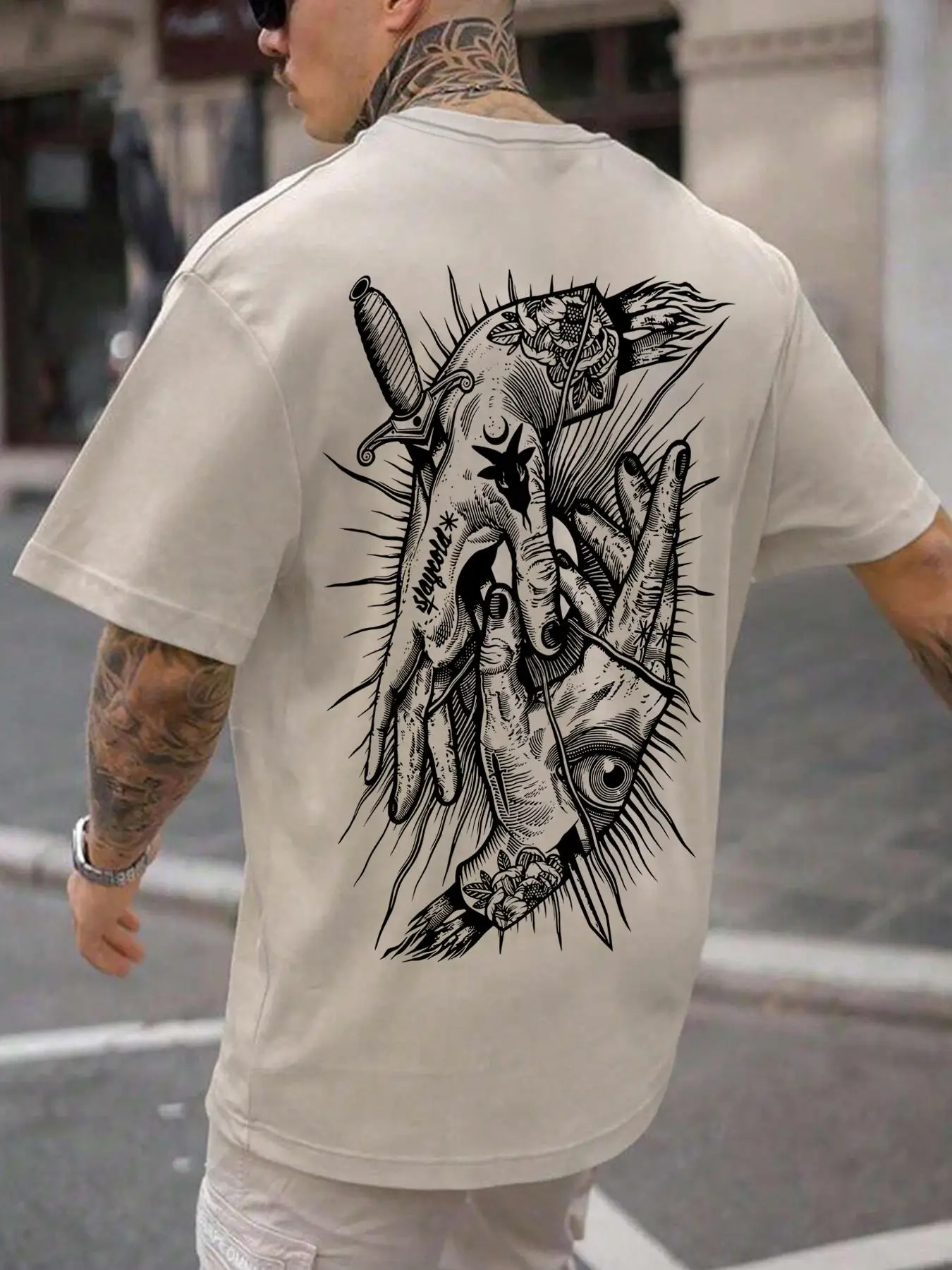 Unisex Men's Cartoon Hands Print Drop Shoulder Round Neck Tee, Regular Fit Street Casual Crew Neck Short Sleeve T-Shirt for Summer, Menswear for Daily
