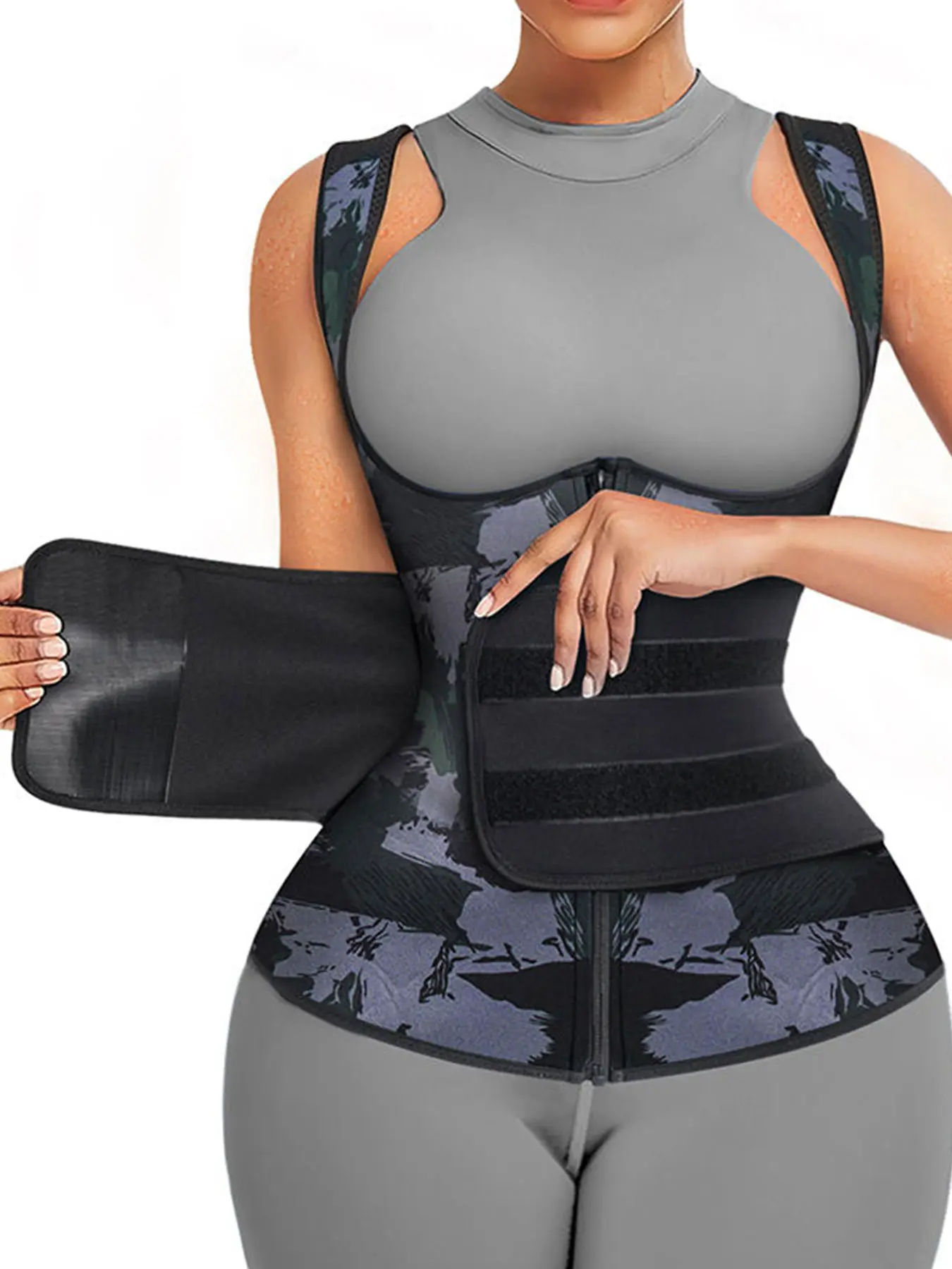 Clor Rubber Sports High Performance Body Shaping Compression Shapewear Vest, Womenswear Fitted Camo Colorblock Chest Support Abdominal Belt Steel Bone Workout Fitness Sweat Enhancer Piece