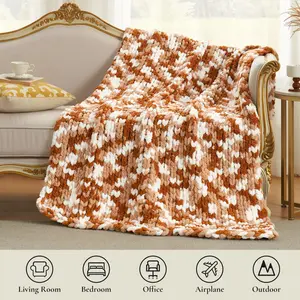 Chunky Knit Handmade Chenille Cable Knitted Crochet Throw Blanket, Tie-dye Orange-Amelie Home