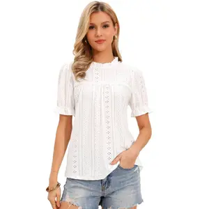 INSPIRE CHIC Women's Boho Short Puff Sleeve Casual Ruffle Collar Eyelet Embroidered Lace Blouse Medium White
