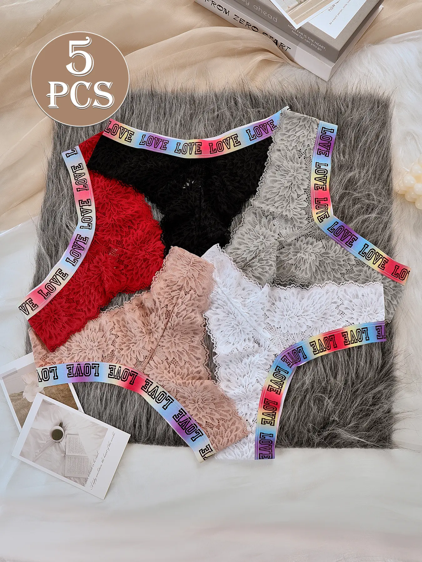 5 pieces of mixed color women's fashionable elegant lace panties with colorful elastic waistband, close-fitting but not tight, comfortable and breathable, casual daily versatile's panties, suitable for all seasons, available in sizes S-XL.