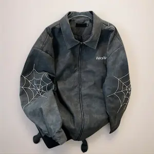 European and American High Street Spider Embroidered PU Leather Jacket Men Washed Vintage Trendy Brand Cool Fashion Niche Leather Coat