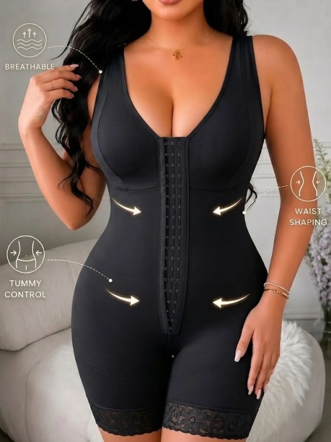 1 Count Women's Lace Anti Slip Daily Casual Shapewear, Underwear, Fajas, Tummy Control Full Body Shaper, Butt Lifter Bodysuit with Zipper Crotch, Compression Comfort Jumpsuit, Suitable for Summer Hot Weather & Gym