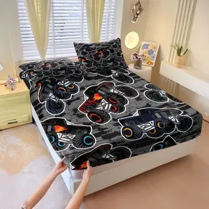 3Pcs Monster Truck Fitted Sheet Set, Vibrant Multicolored Trucks on Dark Gray Brick Wall Design, Perfect for Kids' Room, Energetic and Playful Bedding, Durable and Comfortable Fabric for a Fun Bedroom MakeoverIncludes 2 Pillowcases, No Pillow Core