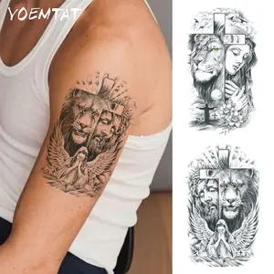 2pcs Waterproof Temporary Tattoo Sticker Black Simple Lines Lion Leopard Jesus Nun Angel Wings Totem Body Art Arm Fake Tattoos Sleeve For Women Men Aldult Hand Shoulder Waist Abdomen Back Leg Thigh Ankle