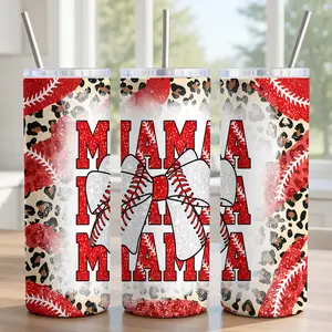 Red & Leopard Baseball Mom Tumbler 20oz - 18/8 Food-Grade Stainless Steel Insulated Cup with Sliding Lid, Metal Straw & Brush - Faux Glitter Texture Print, Bow & Mama Stack Design - Smooth Surface - Ships in 2 Days