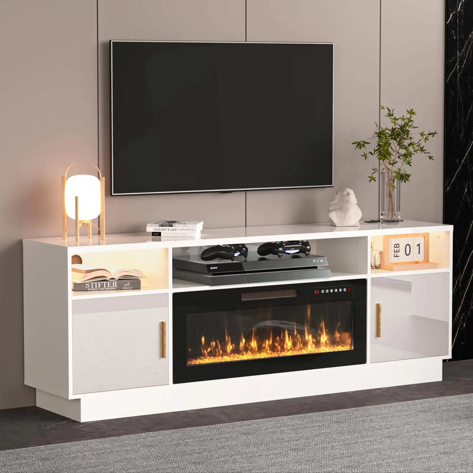 【2 Packages Shipping】70" Fireplace TV Stand for TVs Up to 80" with 36" Electric Fireplace Heater，Media TV Console with High Gloss Storage Cabinet and