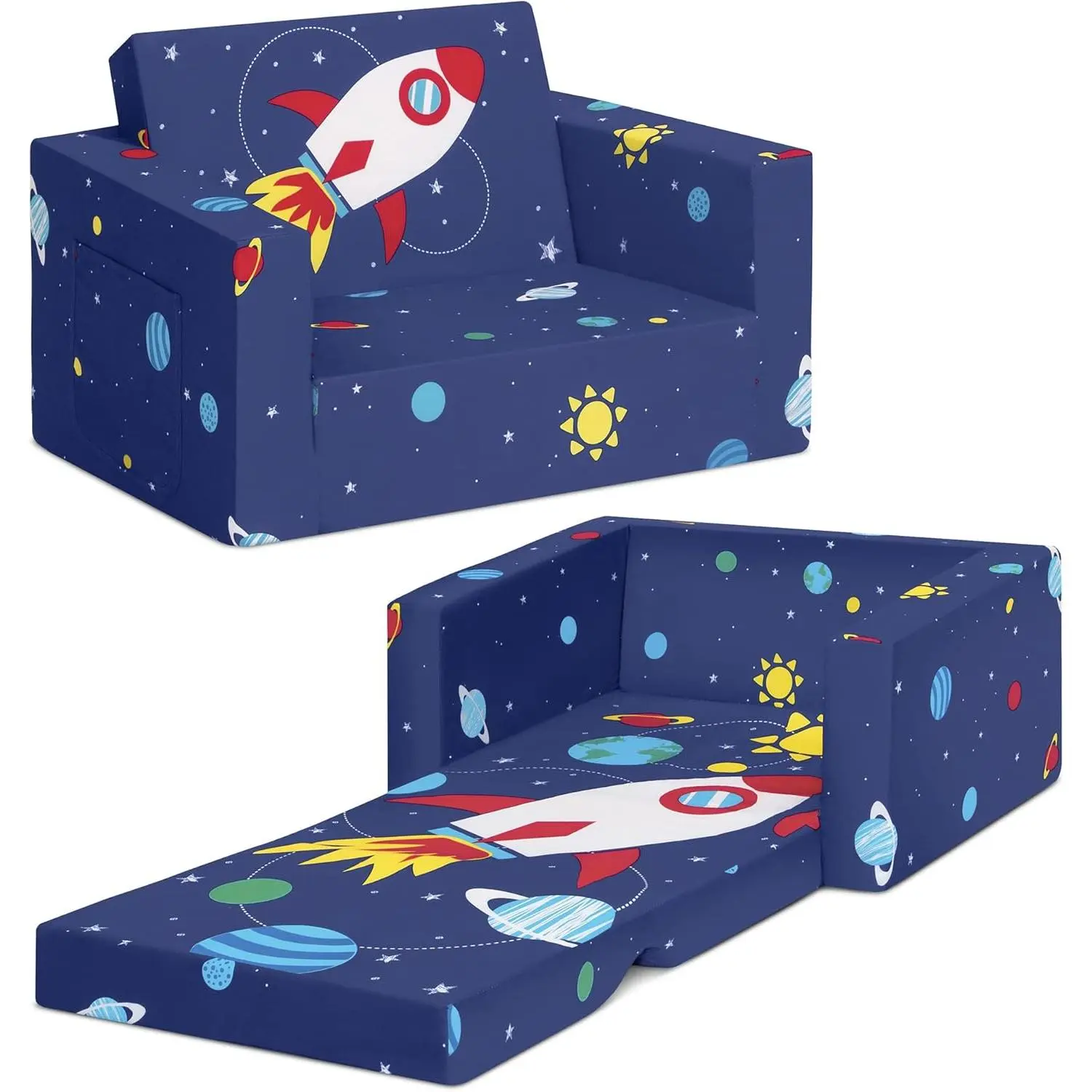 Kids 2-Seater Couch, 2-in-1 Convertible Flip Open Sofa Sleeper for Toddlers with Cushion, Space Theme Foam Lounger for Playroom, Convertible 2-In-1 Flip Open Toddler Couch Sleeper