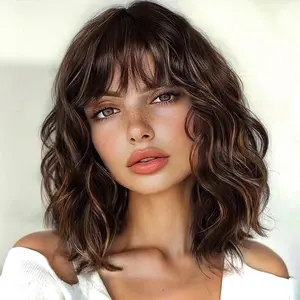 NAYASA Brown Highlight Wig with Bangs for Women Short Wavy Curly Brown Bob Wigs Medium Length 14 inch Synthetic Hair for Daily Party Use