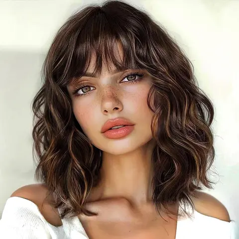 NAYASA Women's Mix Brown Highlight Synthetic Fiber 14in Short Curly Wave Bob Wig with Bangs - Glueless Wear, Adjustable Straps, Low Upkeep, Beginner Friendly for Daily & Party Use, Beginner Friendly Wigs, Glueless Wear Wig