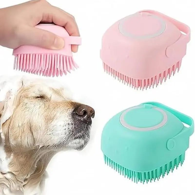 2 Counts Pet Grooming Brush Set, Grooming Accessories, Silicone Massage Rubber Bath Comb with Shampoo Storage, Dog Cat Beauty Tools