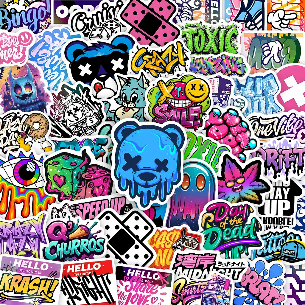 50Pcs Holographic PVC American Street Graffiti Funny Decorative Stickers Pack for Laptop DIY Decor Decoration Sticker