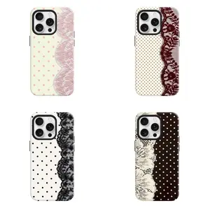 Elegant Retro Polka Dots Lace Splicing 2-in-1 Hard PC Shockproof Smartphone Case, Anti-Slip Anti-Yellowing Cellphone Shell, Handheld Mobile Phone Accessories for iPhone/Samsung