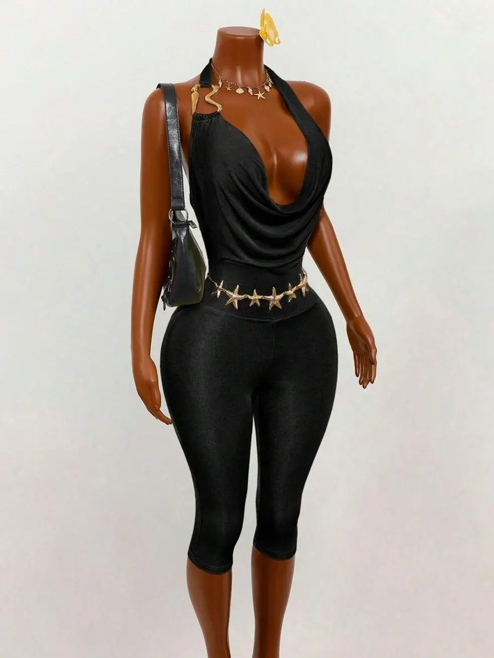 Women's Olive Green Romper, Backless Draped Neck Jumpsuit, Shiny 70s Retro Style Party Vacation Holiday Outfit