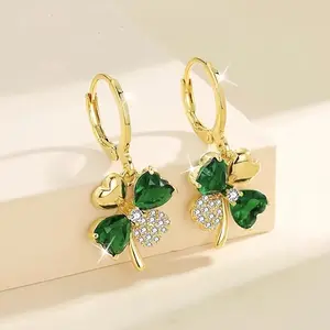 1 Pair of Bohemian Lucky Clover Hoop Earrings - Golden-Tone Alloy with Sparkling Rhinestones & Natural Crystals, Vintage-Inspired Good Luck Charm Jewelry for Casual Wear |           Retro Fashion Accessory for Women |           Perfect for Parties, Daily