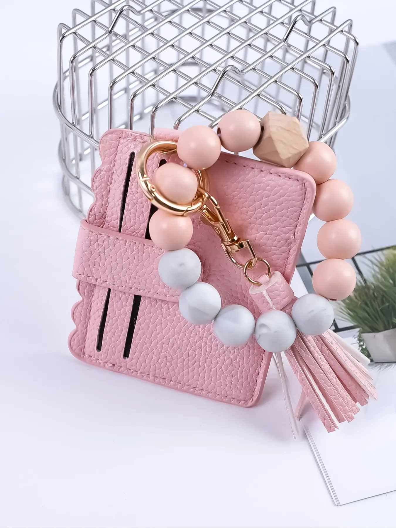 Lightweight Mini Card Holder Keychain, Macaron Color Beaded Bracelet, Perfect Gift for Friends & Mom, Ideal Holiday Present, Keychain Wristlet, Gifts For Women, Keychain For Bags, Trendy Cute Keychain, Stylish Keychain, Key Holder For Purse