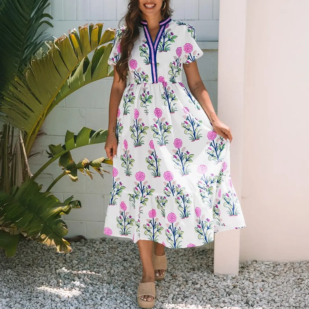 MULLVEIG Women's Floral V Neck Puff Sleeve High Waist Maxi Dress with Side Pocket - Easter Boho Lightweight Summer Beach Vacation Flowy Sundress