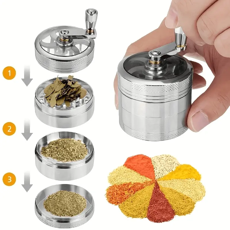 Herb & Spice Grinder Manual 4-Layer Zinc Alloy Hand Crfatkunank Metal Grinder with Handle for Kitchen Herbs, Spices & Pollen