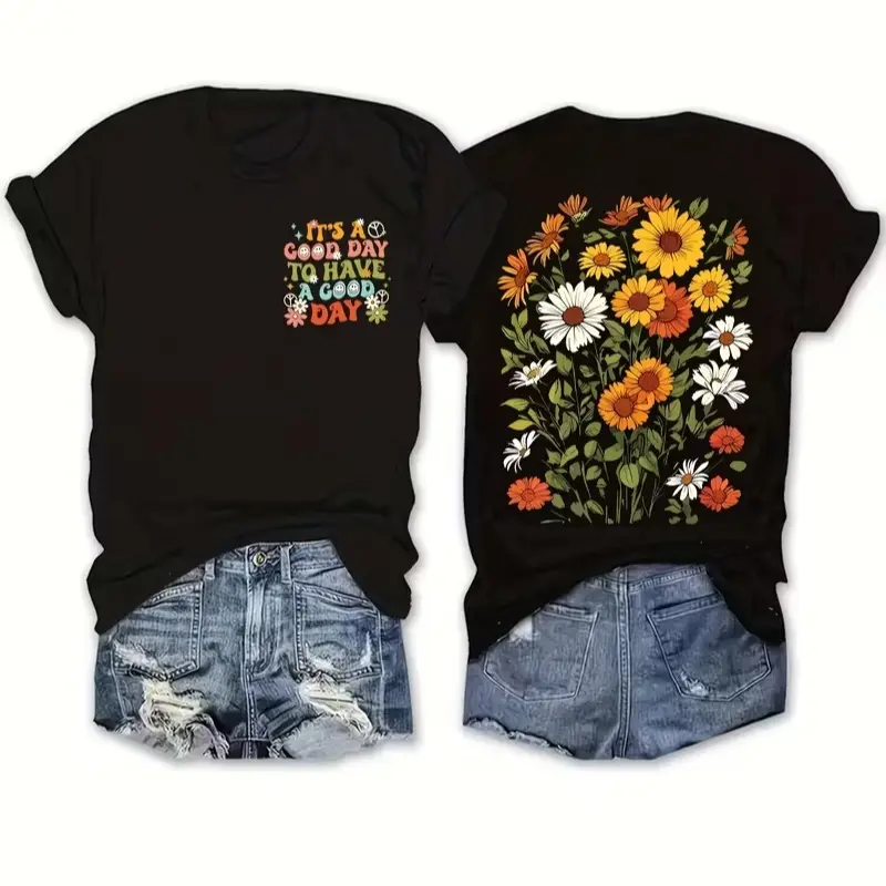 Men's Casual Fitted Round Neck Short-Sleeve Retro Floral Sunflower Cotton T-Shirt - "It's A Good Day" Positive Quote Tee, Boho Daisy Bouquet Back Print, Aesthetic Vintage Flower Top
