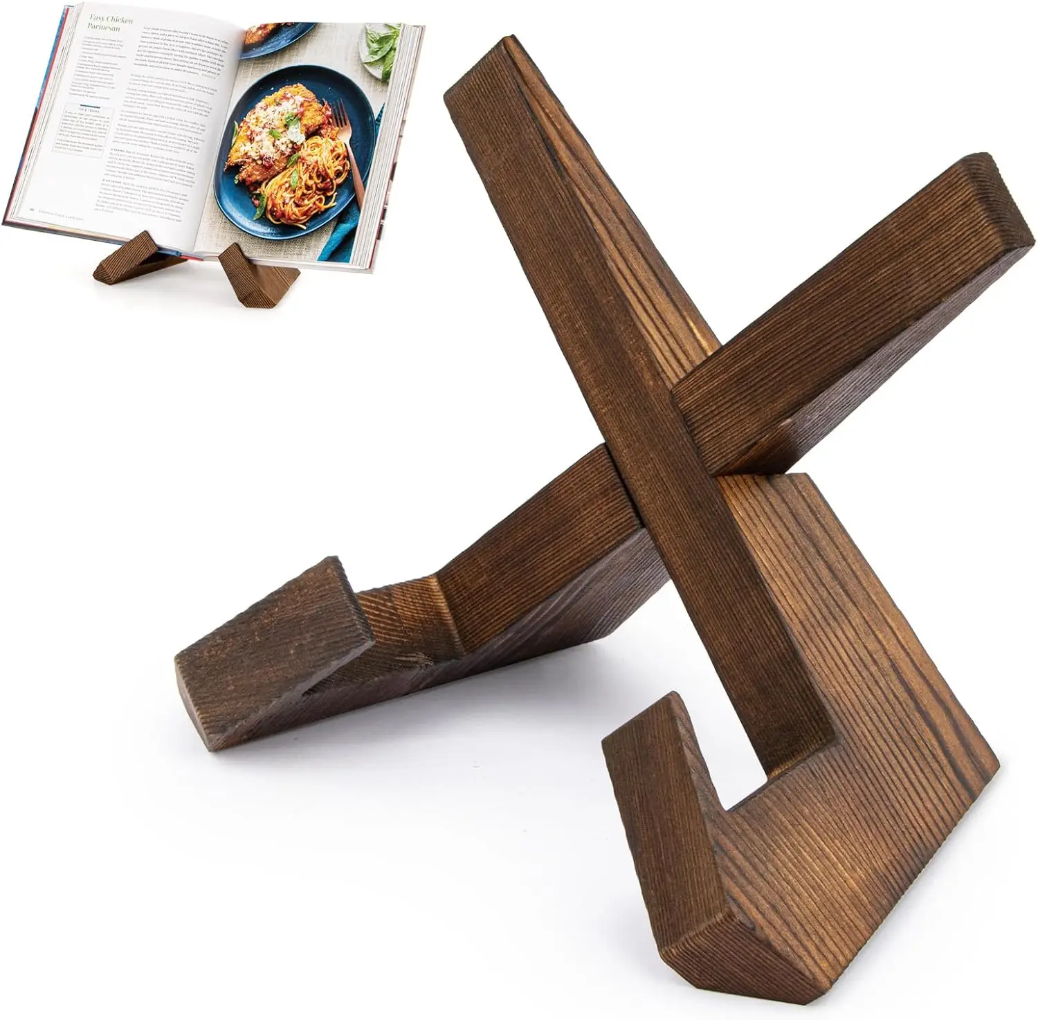 Cookbook Stand for Kitchen, Recipe Book Holder for Kitchen Counter, Wooden Cookbook Holder, Rustic Cook Book Holder Stand - Rustic Brown - 1 Set