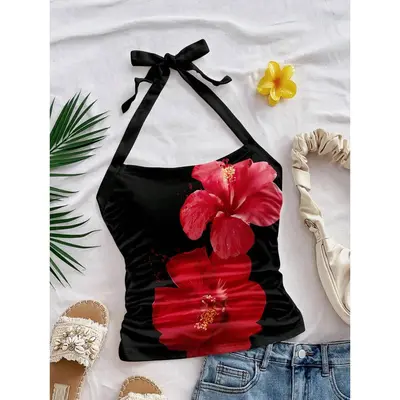 Women's Floral Spaghetti Strap Tank - Y2K Hibiscus Print Cami Top