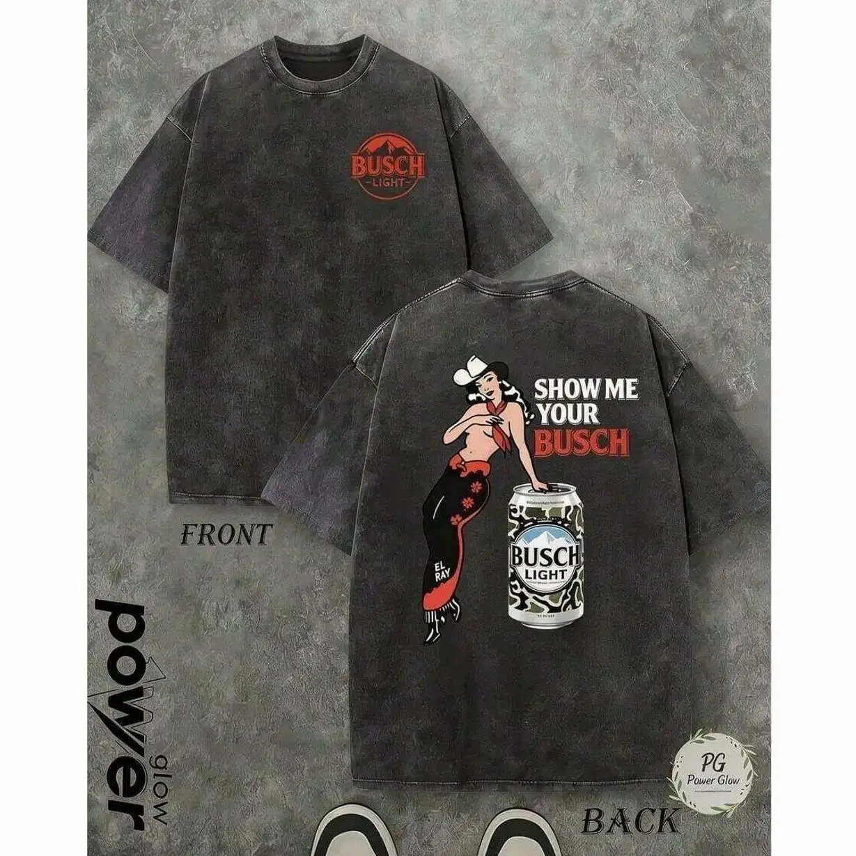 Men's Washed Black "Show Me Your Busch Light Cowgirl" Graphic Tee, Crew Neck Casual T-Shirt Beer Graphic Country Style