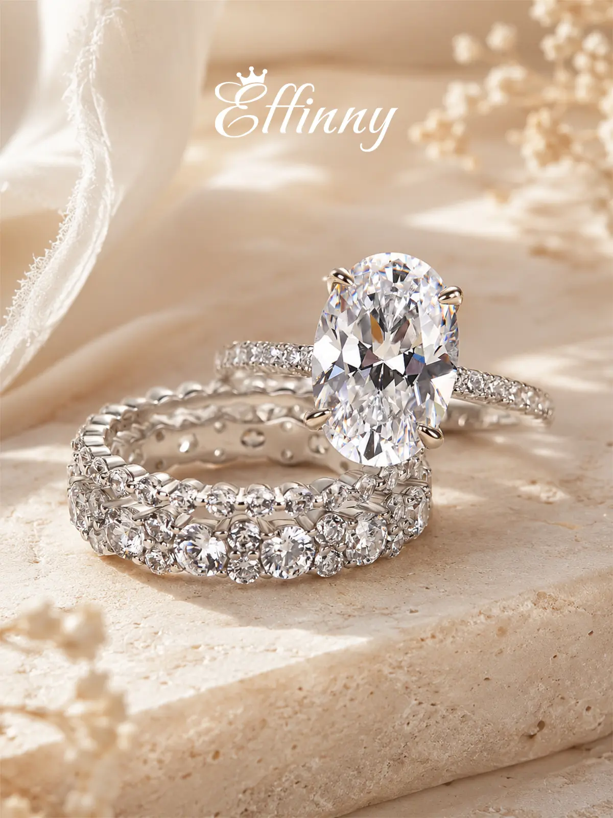 Effinny Non-Tarnish 14K Gold Plated 3.5ct Oval 3PC CZ Wedding Ring Set, Affordable Luxury Promise Jewelry, Elegance Bridal Set Rings For Women