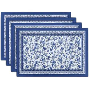 Blue Floral Branches Placemats Set of 4 ,12 x 18 Inch Chinoiserie Table Mats Washable Heat Resistant Linen Fabric Rectangle Place Mat for Indoor Outdoor Kitchen Dining Home Decor