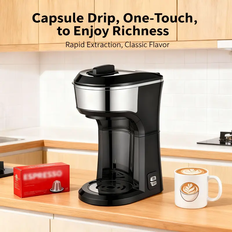 Uutvmp Silver Black Single Cup Drip Coffee Maker - Minimalist Desktop Coffee Machine for Personal Coffee Corner, One-Touch Intelligent Operation, Compact Design, Rapid Extraction, Classic Flavor