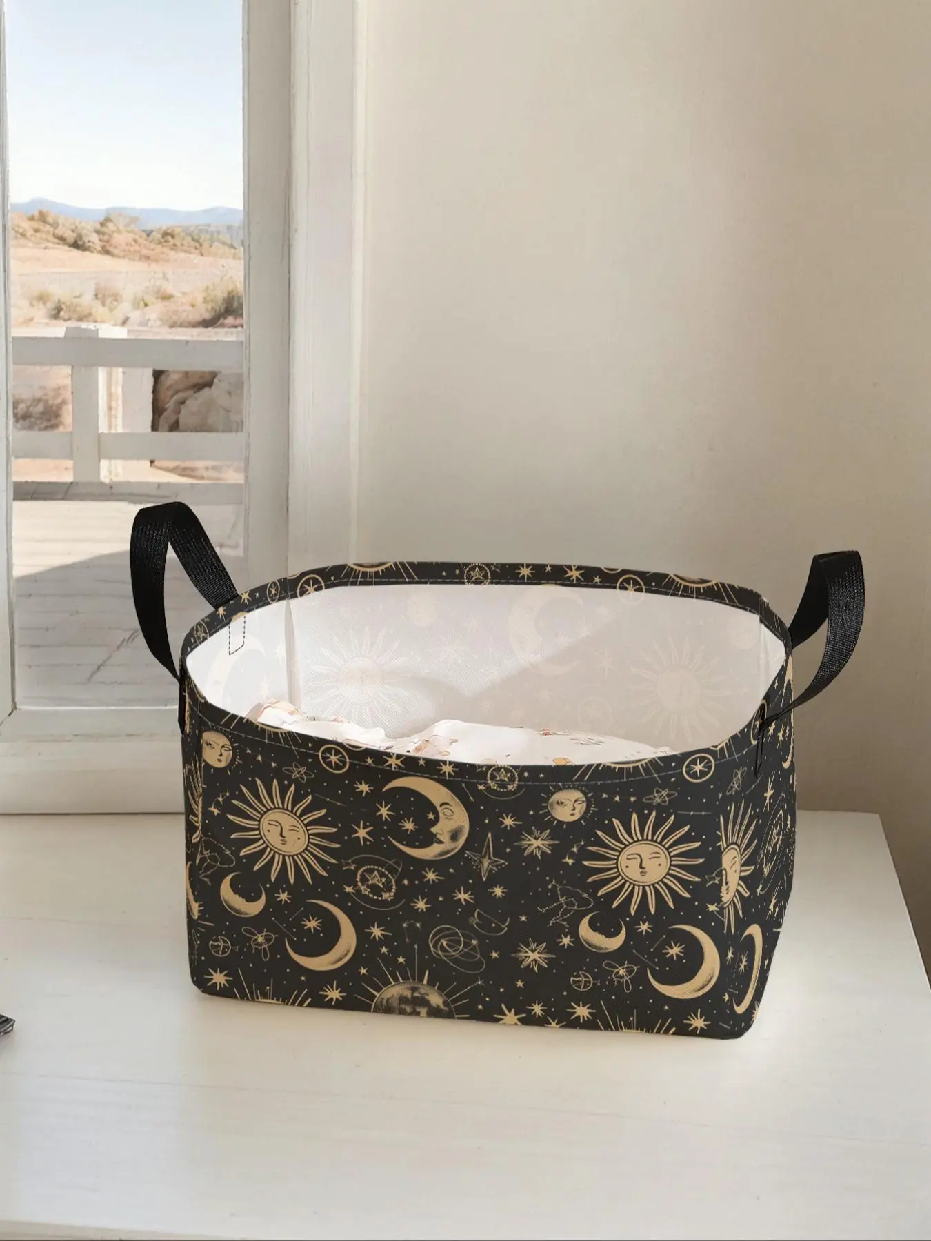 Star & Moon Pattern Storage Basket with Handle, Portable Storage Basket, Multi-functional Storage Basket, Foldable Clothes Storage Basket, Multipurpose Basket, Home Organizer for Living Room, Bathroom, Kitchen, Toiletries Basket