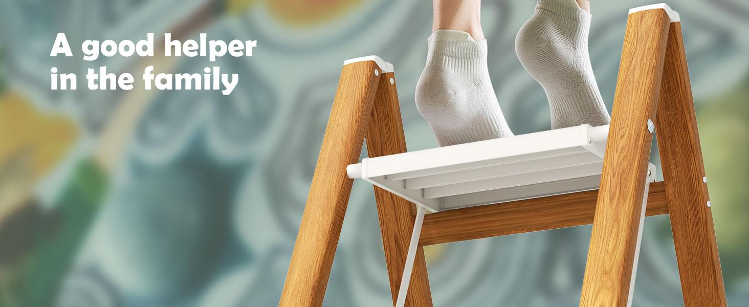 2 Step Ladder,Lightweight Aluminum Folding Step Stool with Anti-Slip Wide Pedal,330lbs Capacity Step Ladder for Household,Kitchen,Office - WhiteWoodgrain