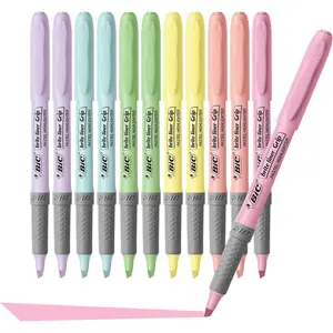 BIC Brite Liner Grip Pastel Highlighter Set, Chisel Tip, 12-Count Pack of Pastel Highlighters in Assorted Colors, Cute Highlighters for Bullet Journaling, Note Taking and More BIC