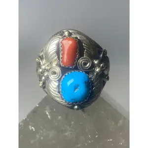 Turquoise ring coral Navajo leaves southwest women men