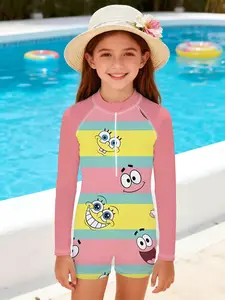 Girls' one-piece swimsuit "SpongeBob Rainbow Party Style" - pink sleeves with color blocking + cartoon expression printed long-sleeved swimsuit, cute and energetic, full of atmosphere for summer pool/ beach outfits
