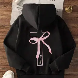 Faith over Fear Hoodie with Pink Ribbon Design John 3:16 Quote Black Pullover for Comfortable Wear