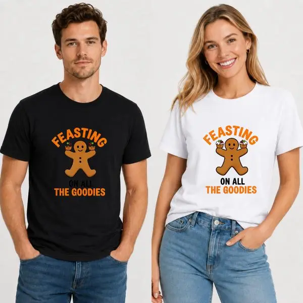 Women's Carpesun Short-Sleeve Crew Neck Classic Cut Casual T-Shirt - Funny Christmas Gingerbread Man Feasting On Goodies Graphic, Soft Cotton Blend, Unisex Holiday Party Wear, Single Pack