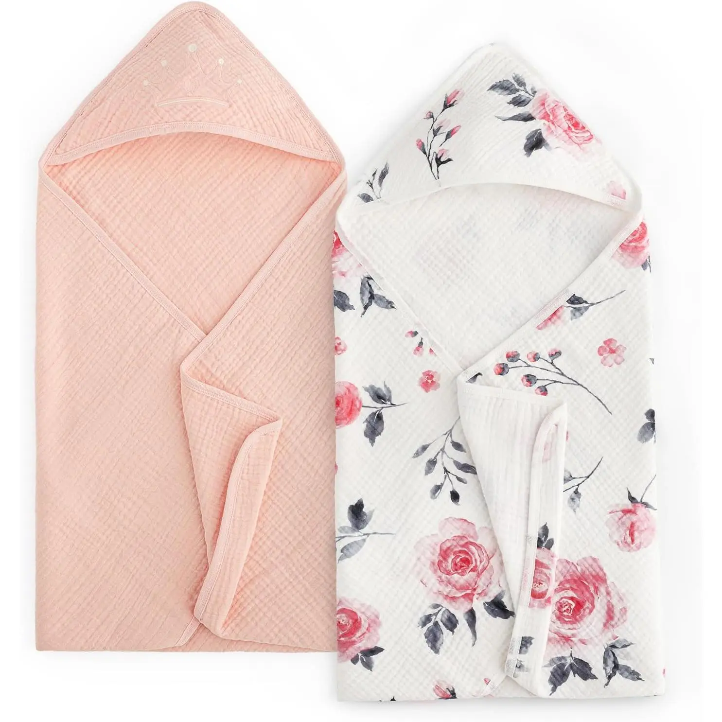 Z-HDW44  2 Pack Hooded Baby Towels, Large 32"x32", 6 Layer 100% Muslin Cotton Highly Absorbent Girl Bath Towel for Newborn, Infant and Toddler. Ultra Soft and Breathable Baby Essentials, Rose