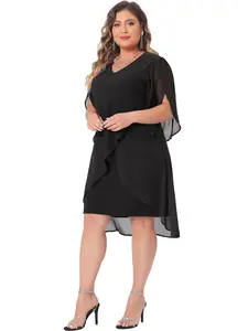 Agnes Orinda Plus Size Chiffon Cocktail Dresses for Women Mesh Wedding Guest Party Overlay Short Dress