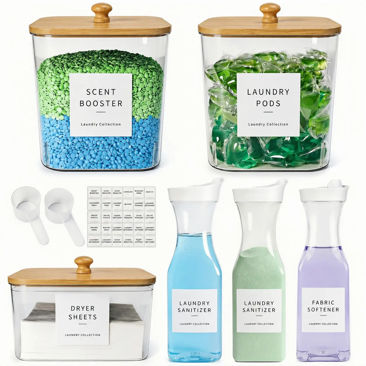 COCOLANCO Laundry Room Organization Storage Jars Set - 3+3 Pack Pod Containers, Dryer Sheet Holder, Detergent Dispenser with Lids, Labels, Scoops for Scent Boosters, Powder, Pods